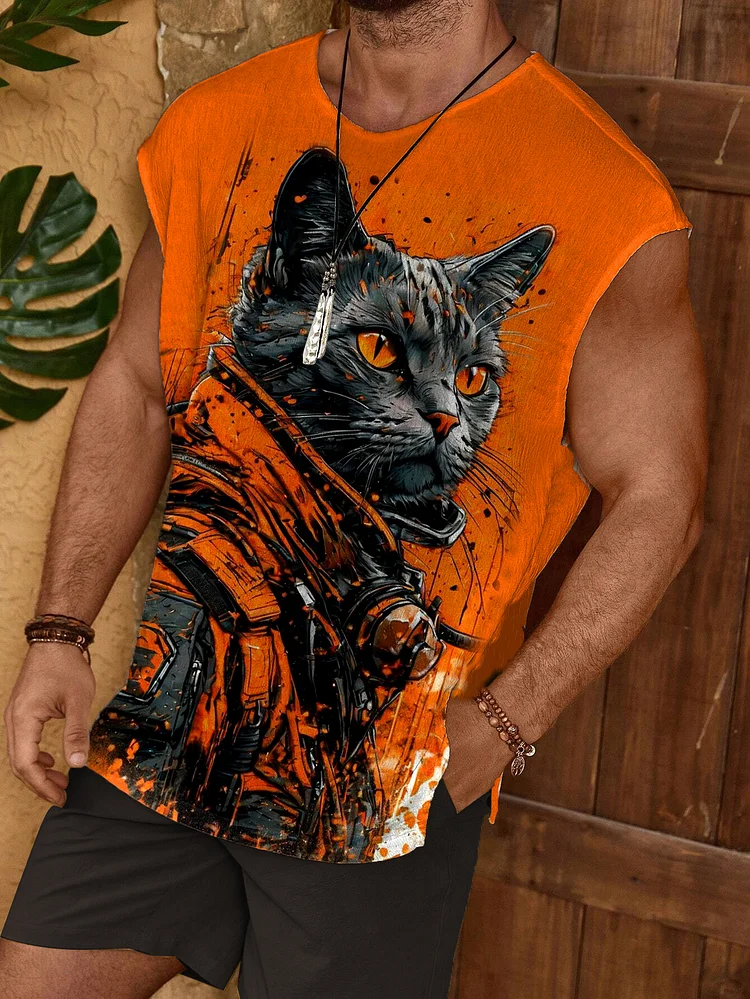 Men's Black Cat Sports Boy Splash Ink Print Tank Top