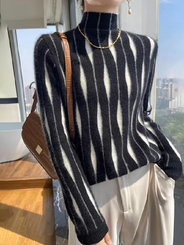 Contrast Color Long Sleeves High-Neck Sweater Tops