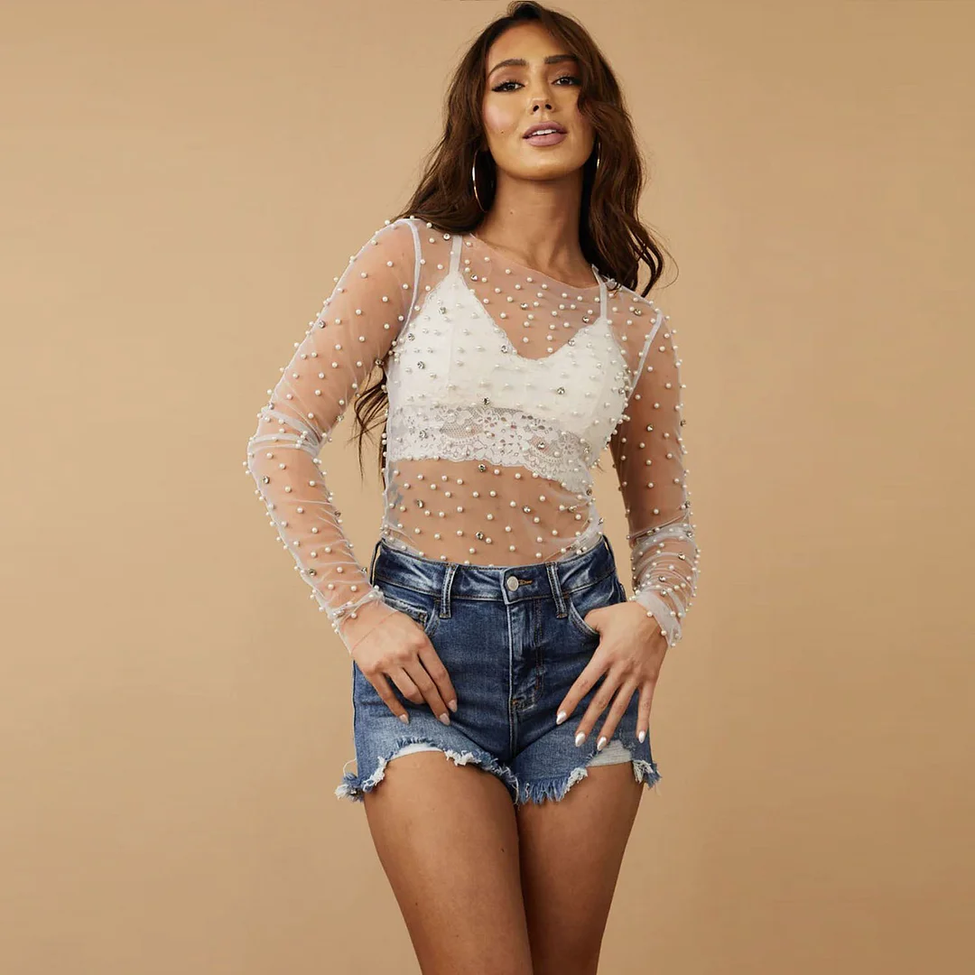 Uveng Spring And Summer Explosion Of Women's Clothing Beads Big Diamond Perspective Mesh Top Lady