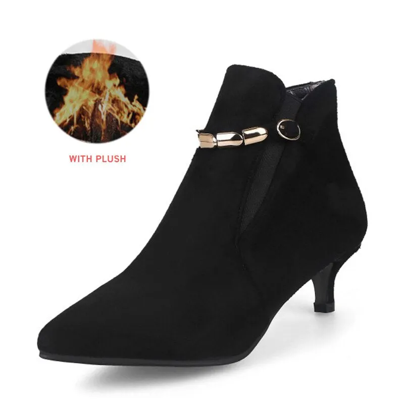 Women Ankle Boots Buckle Strap Plus Size Ladies Thin High Heels Female Flock Metal Elastic Band Autumn Winter Warm Classic Shoes