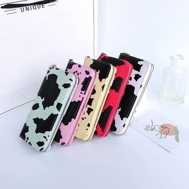 3 Pieces Women’s Cow Pattern Pu Leather Zipper Coin Purses Long Wallet