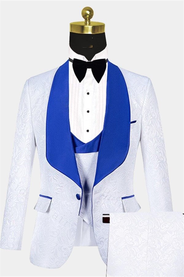 Unique Blue Shawl Lapel White Jacquard Wedding Tuxedo With Three Pieces | Ballbellas Ballbellas