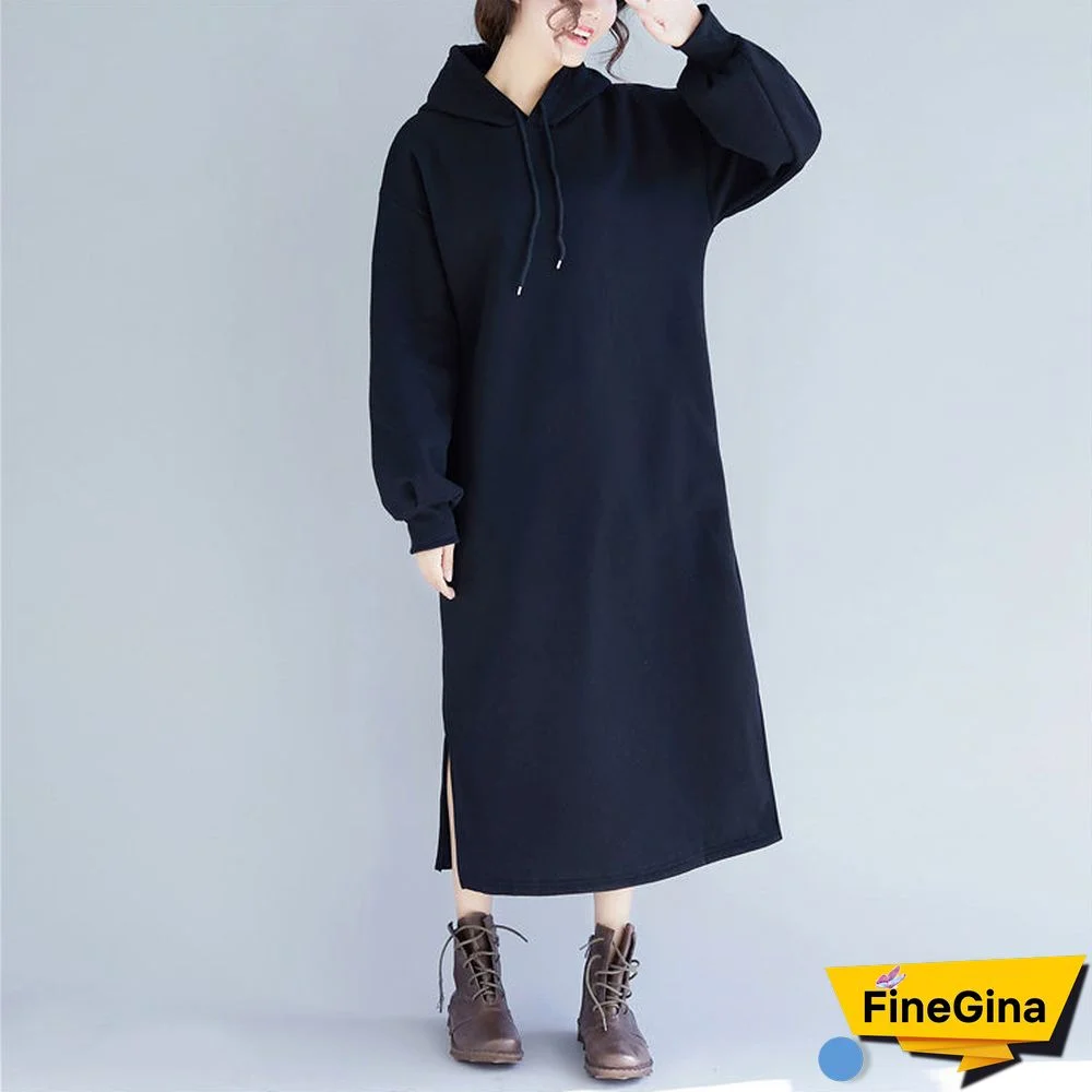 New black spring dress plus size gown hooded side open drawstring cotton clothing dress