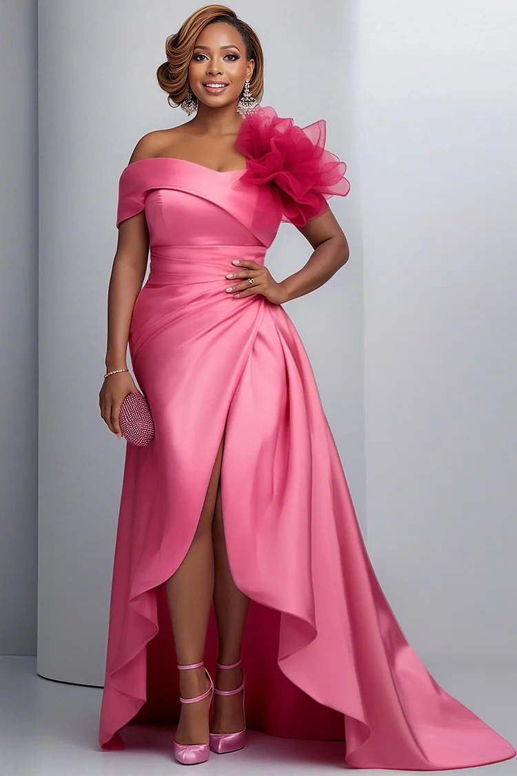 Xpluswear Design Plus Size Formal Pink One Shoulder 3D Split Satin Maxi Dresses [Pre-Order] 2024 - Xpluswear