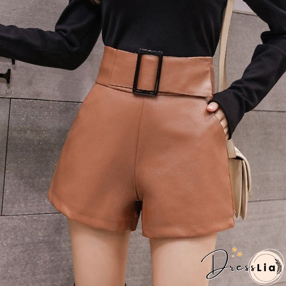 Korean PU Faux Leather Shorts Women Spring Autumn High Waist Wide Leg Short Ladies Plus Size Sexy Black Belted Short Femme 7774