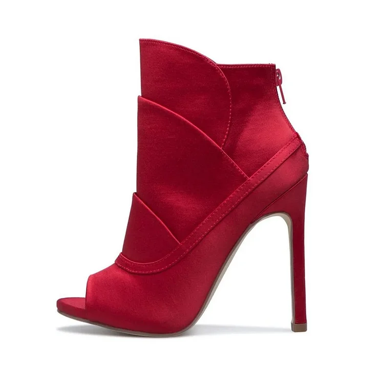 Red Satin Peep Toe Booties Stiletto Heel Ankle Boots |FSJ Shoes