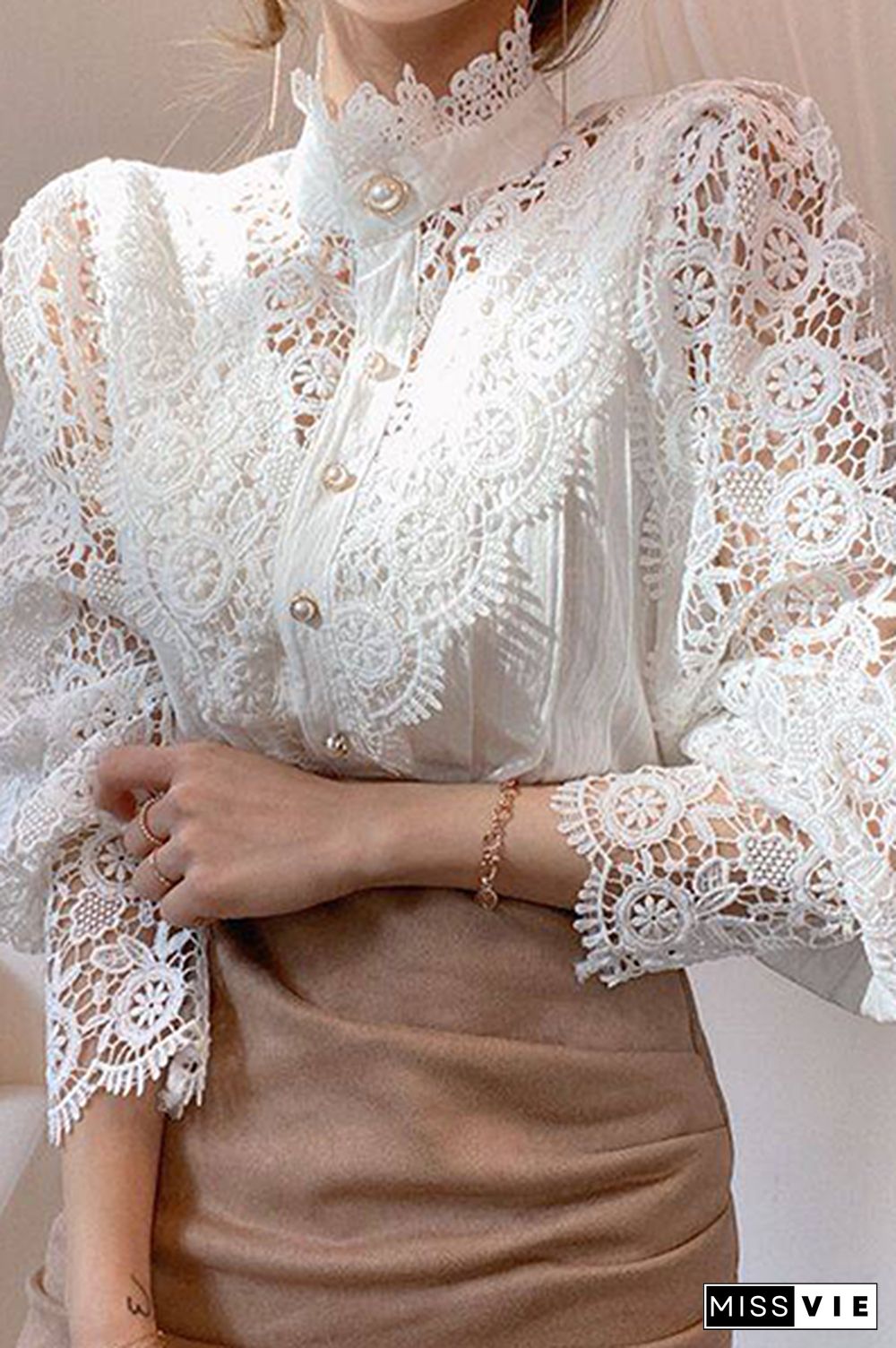 Elegant Patchwork Lace Hollowed Out Buckle Mandarin Collar Blouses(3 Colors)