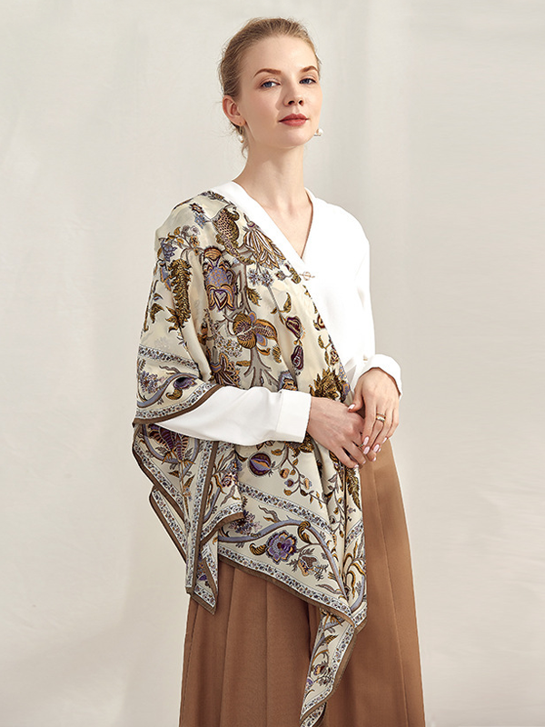Brown Silk Scarf Paisley Flower Scarf