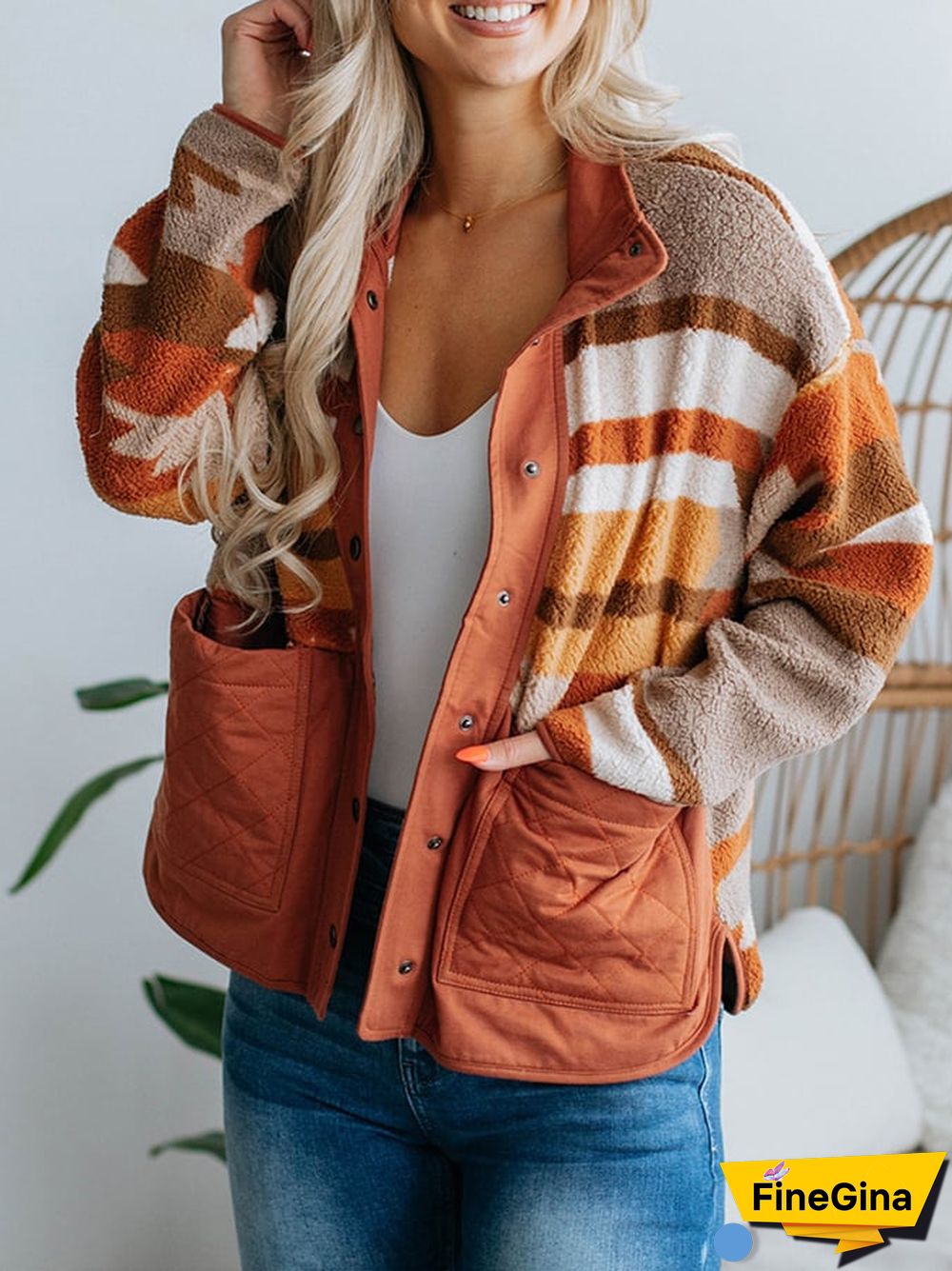 Women's Casual Printed Stripe Contrast Color Button Front Fleece Splicing Coat