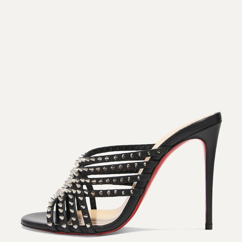 TAAFO Red Sole Black Stilettos High Heels Gold Rivets Women’s Sandals Open Toe Ladies Casual Shoes