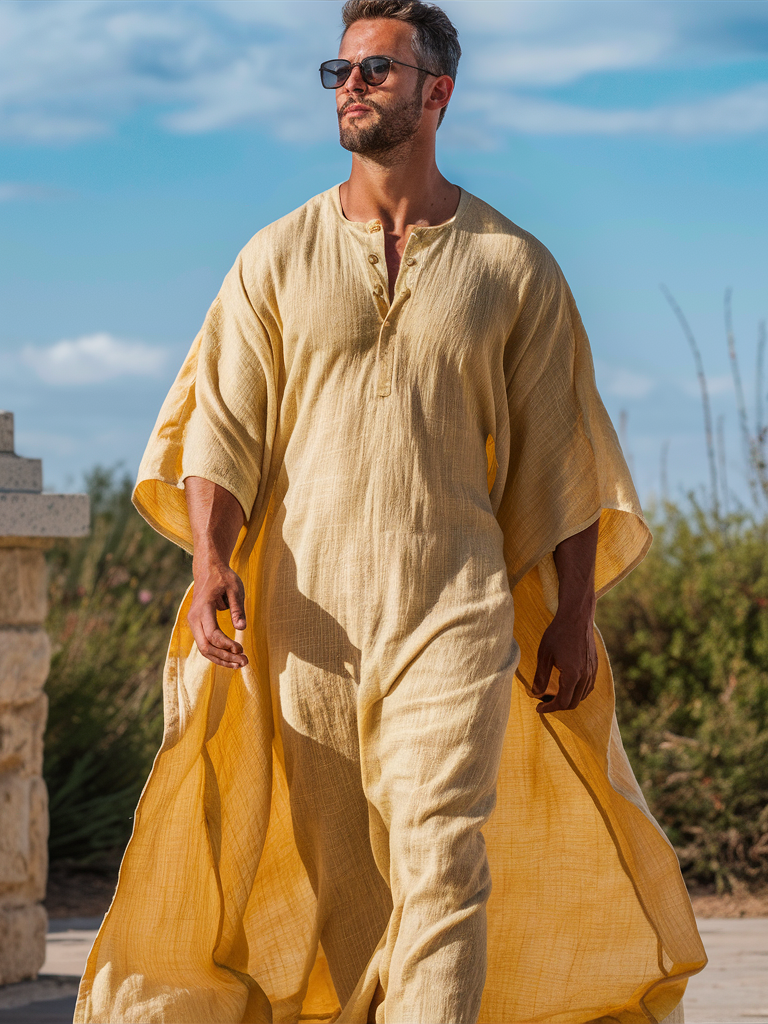 Linen Men's Yellow Caftan Long Kaftan