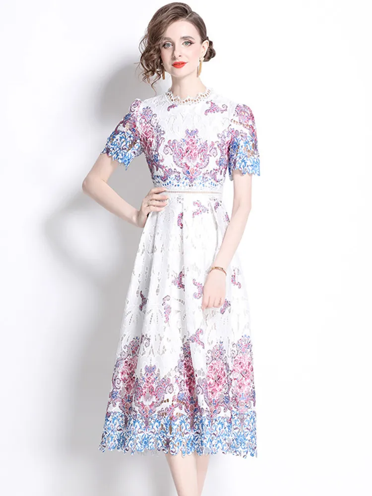 Promotriumphu back to school  Hot Sale Lace Summer Dresses Women Elegant Short Sleeve Floral Print Hollow out Slim Midi Dress for Women Vestidos De mujer