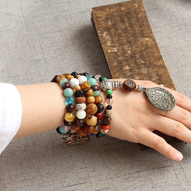 Tibet 108 Mala Beads Nine Palaces Bagua Bodhi Seed Yak Bone Vajra Harmony Bracelet