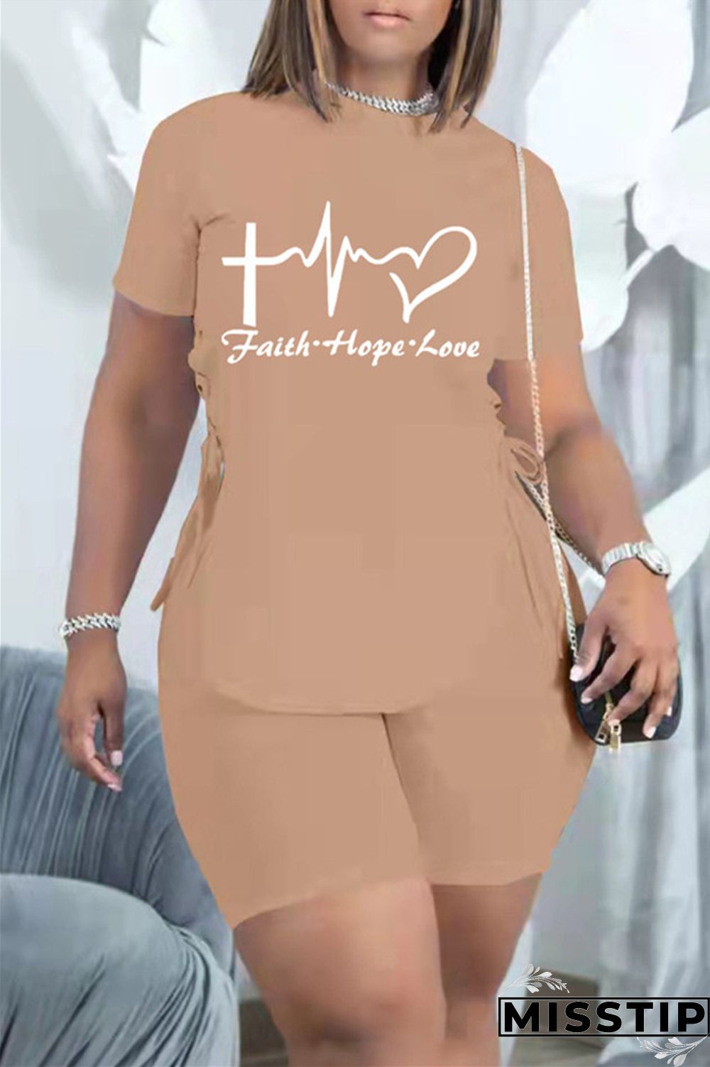 Black Fashion Casual Print Bandage Slit O Neck Short Sleeve Two Pieces