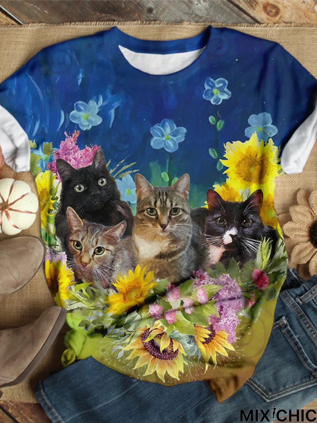 Printed Crew Neck Casual Cotton-Blend T-shirt
