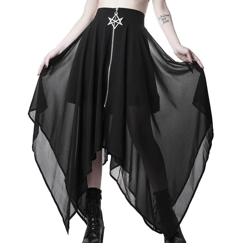 Summer Mesh Irregular Women Skirts Pentagram Zipper Black Punk Skirts Gothic Darkness Lady Skirt Casual Loose Streetwear Skirts