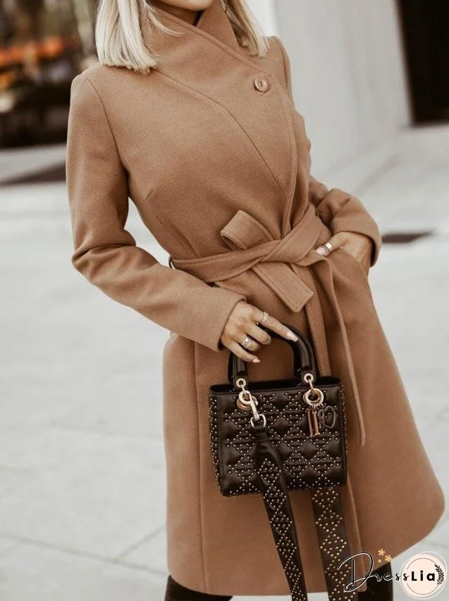 Women's Coats Fashion Belted Long Sleeve Long Woolen Coat