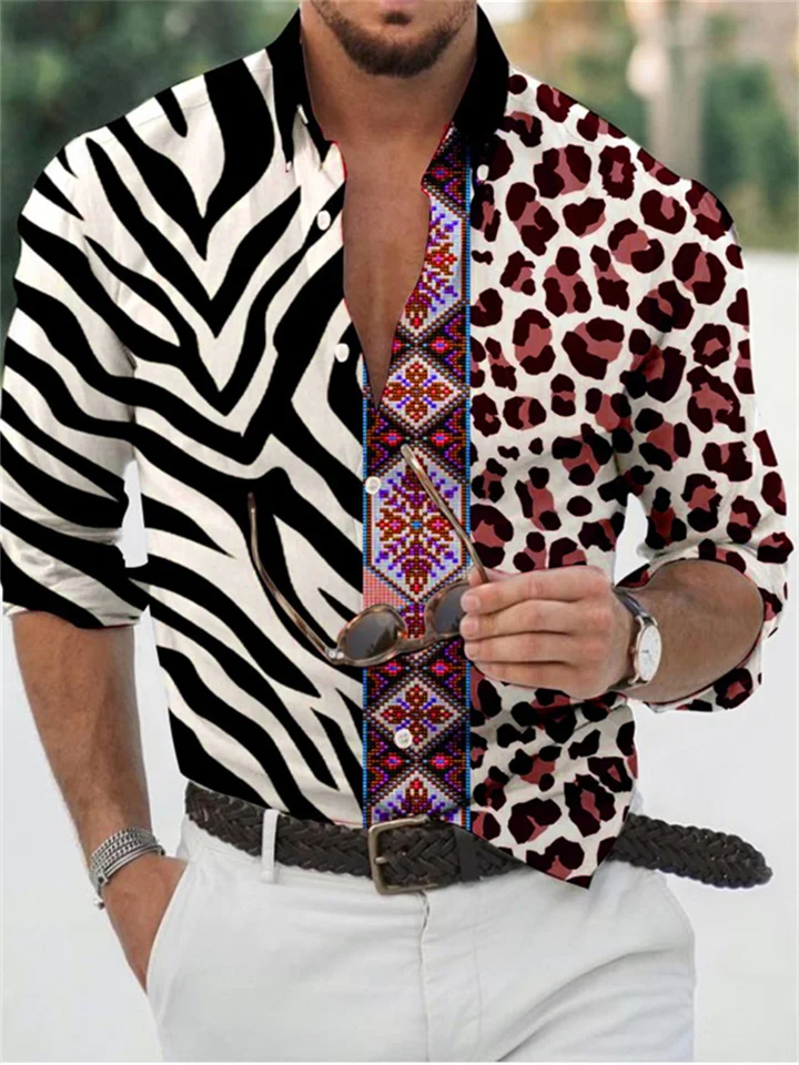 Men's 3D Printed Lapel Cardigan Long Sleeve Shirt Leopard Brown Blue