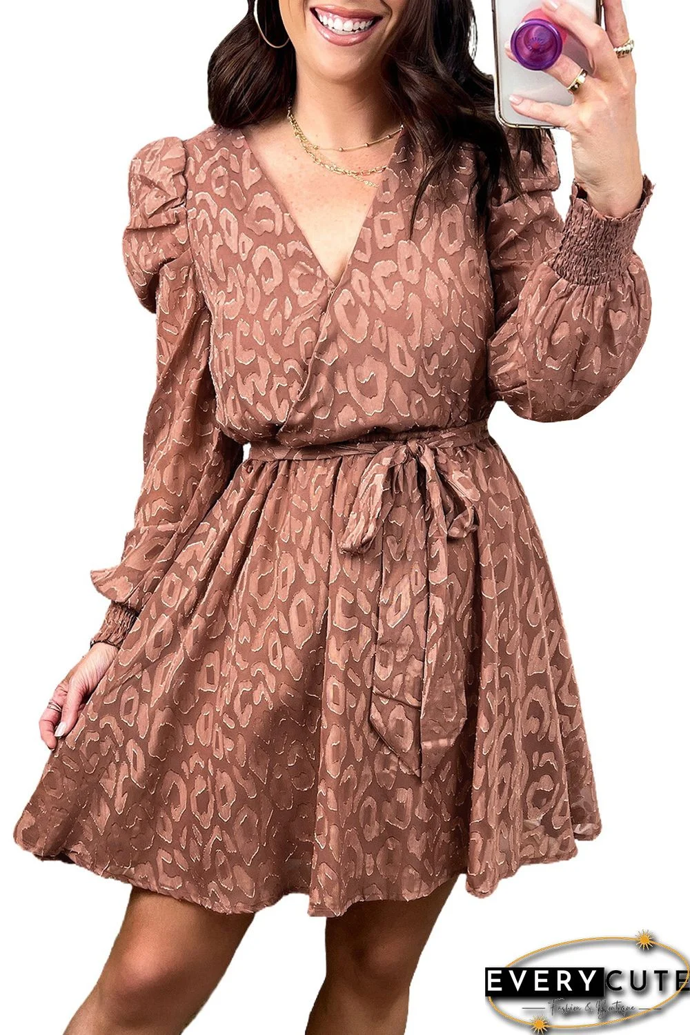 Jacquard Animal Print Surplice V Neck Short Dress