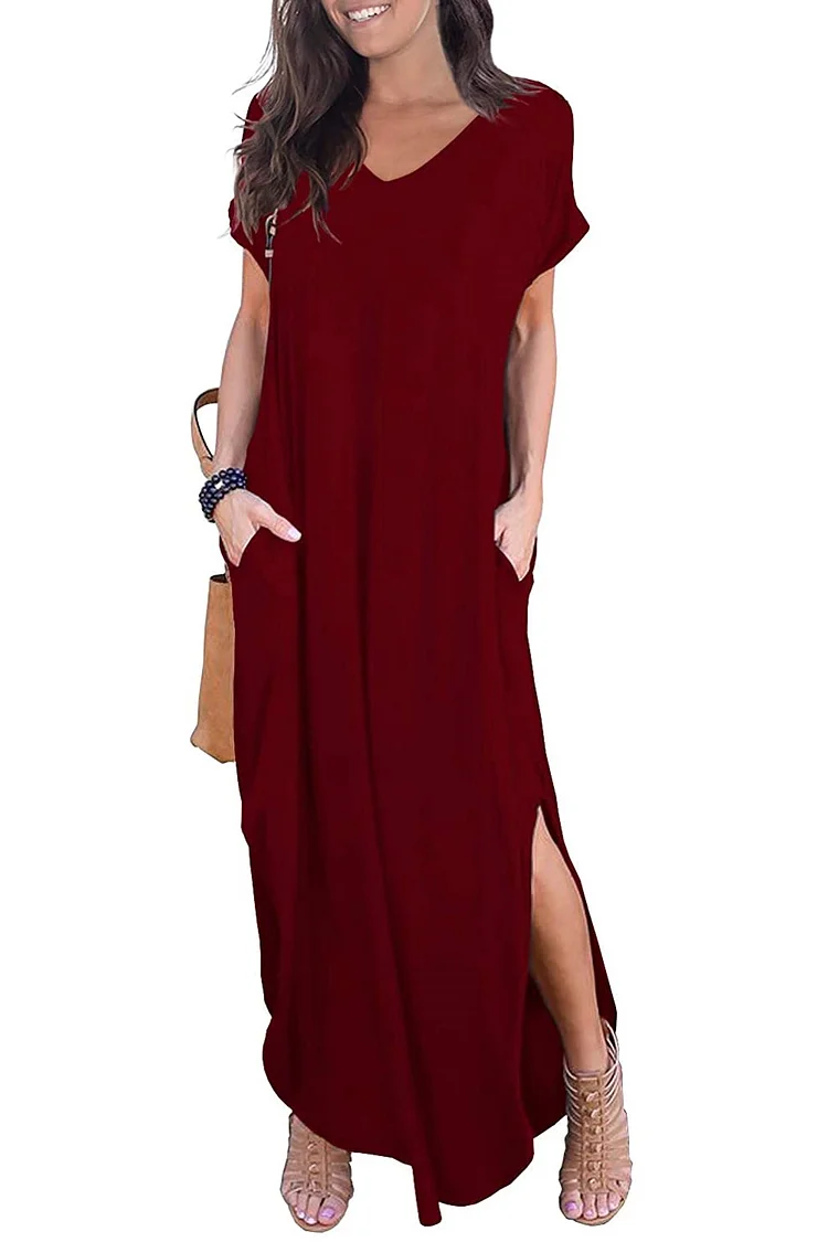 Women's Casual Loose Pocket Long Dress Short Sleeve Split Maxi Dresses