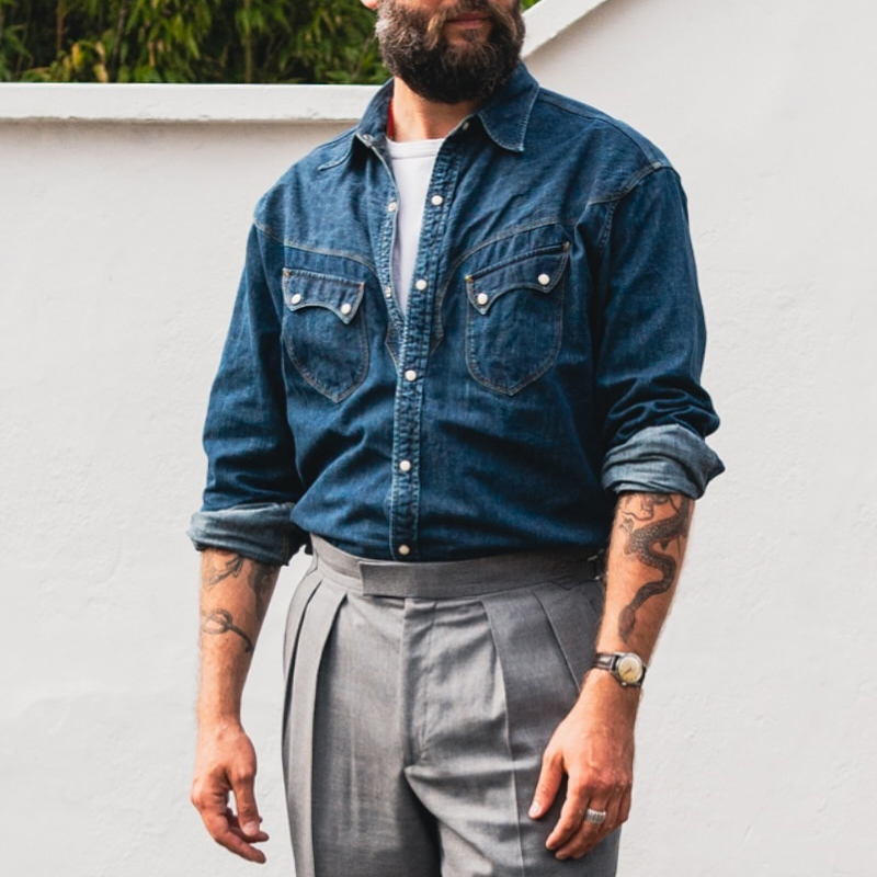 Men's Classic Washed Denim Lapel Single Breasted Shirt