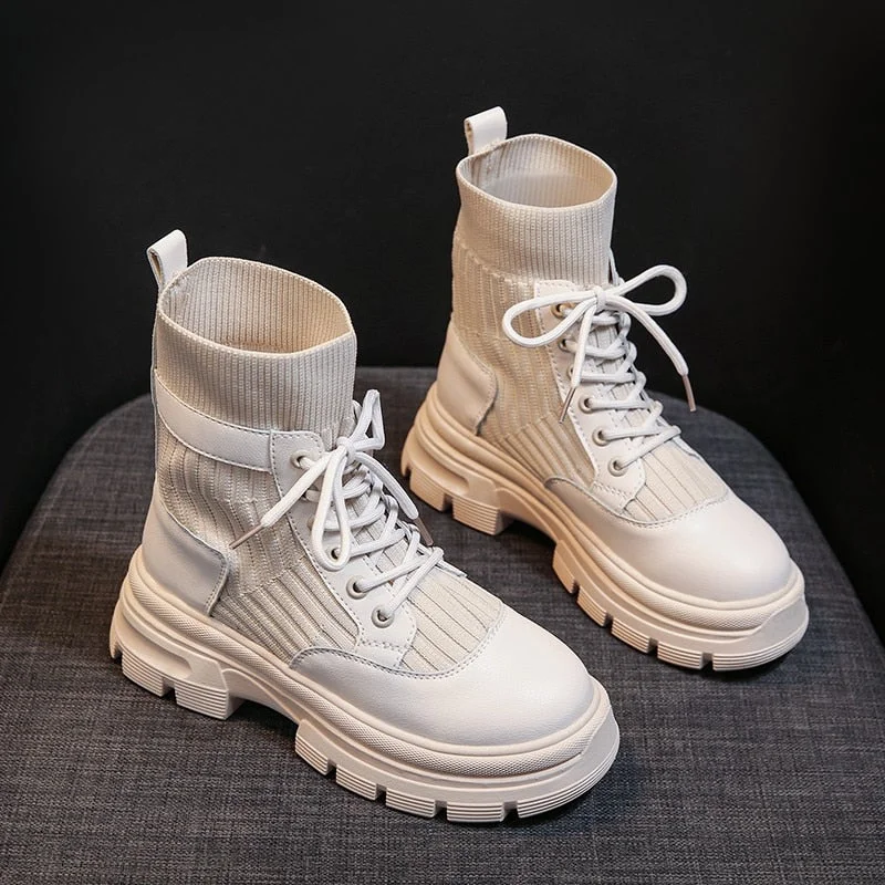 Women's Sock Boots 2021 Fashion Lace Up Chunky Motorcycle Boots Female Beige Black Platform Ankle Boots Punk Casual Shoes Woman