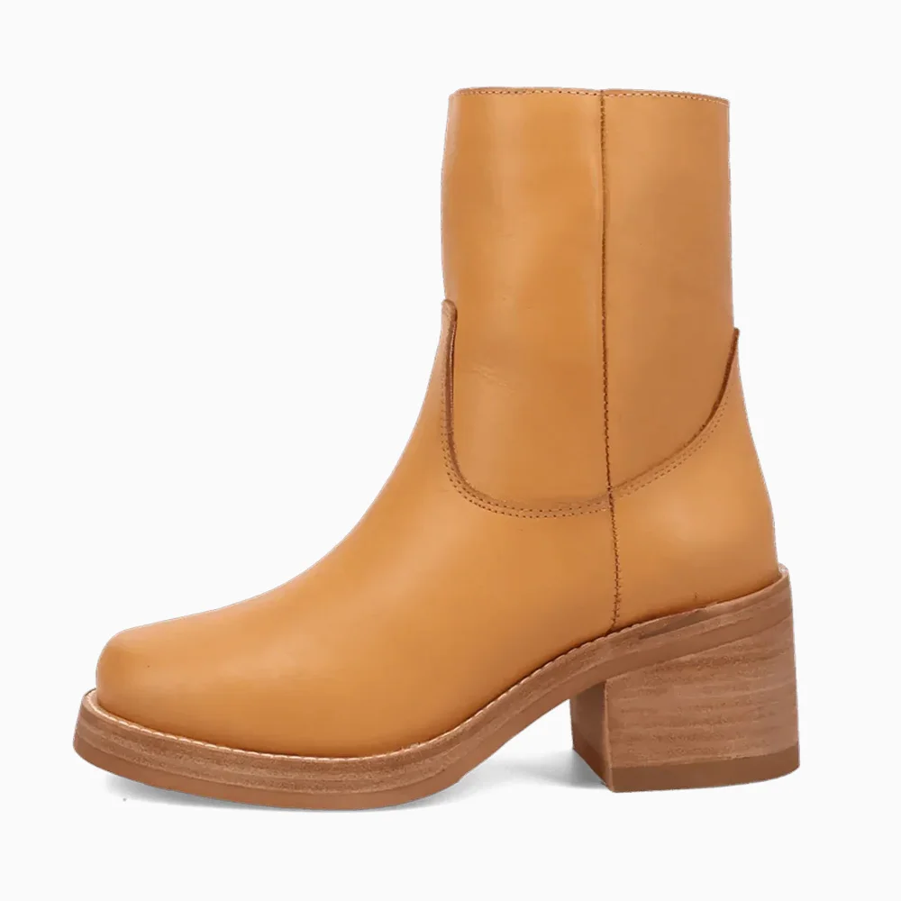 Women's Yellow Block Heel Round Toe Short Booties with Side Zipper