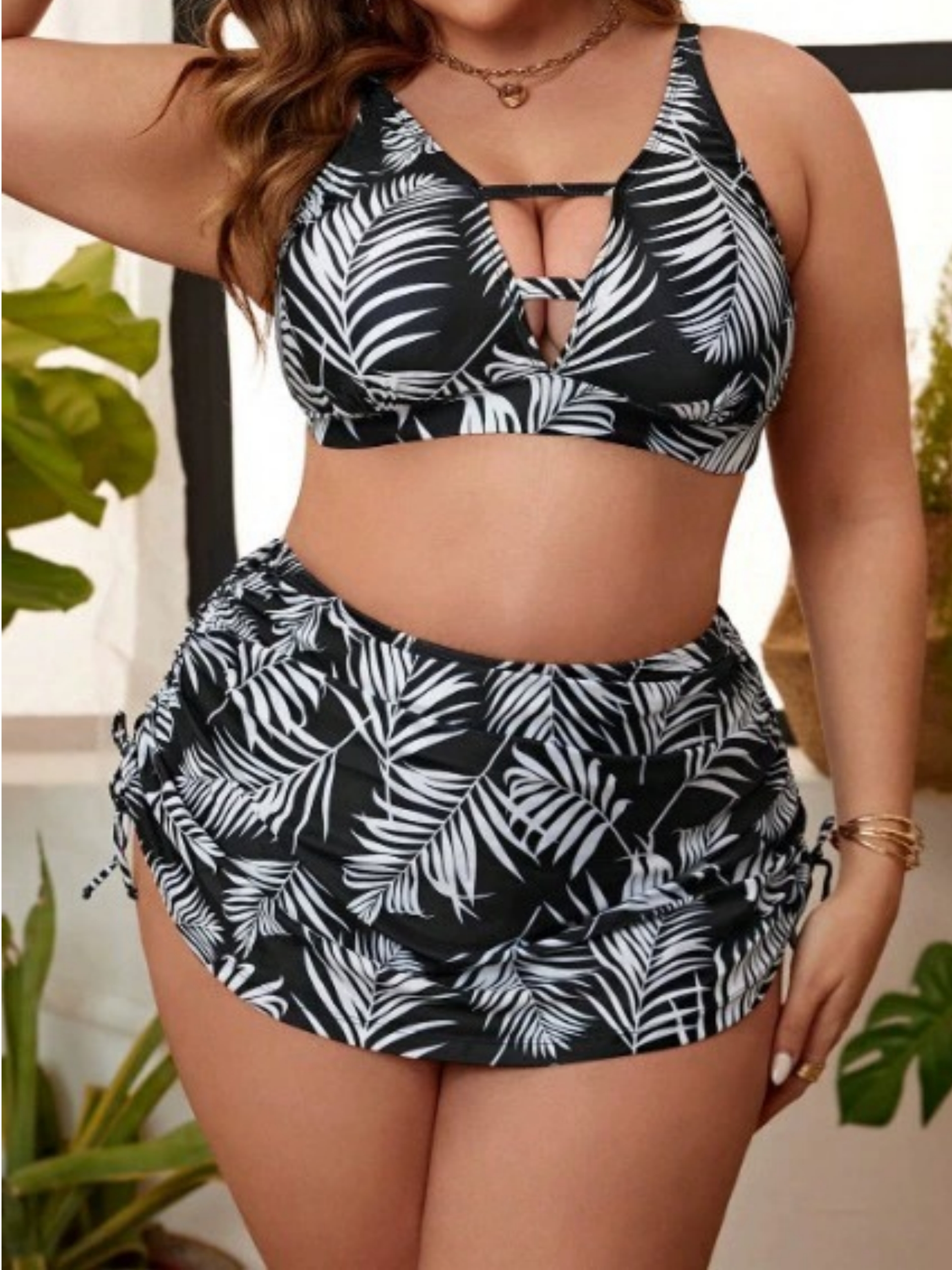 Tropical Plant Print Cross-strip Vest Bikini Set - Rose Toy