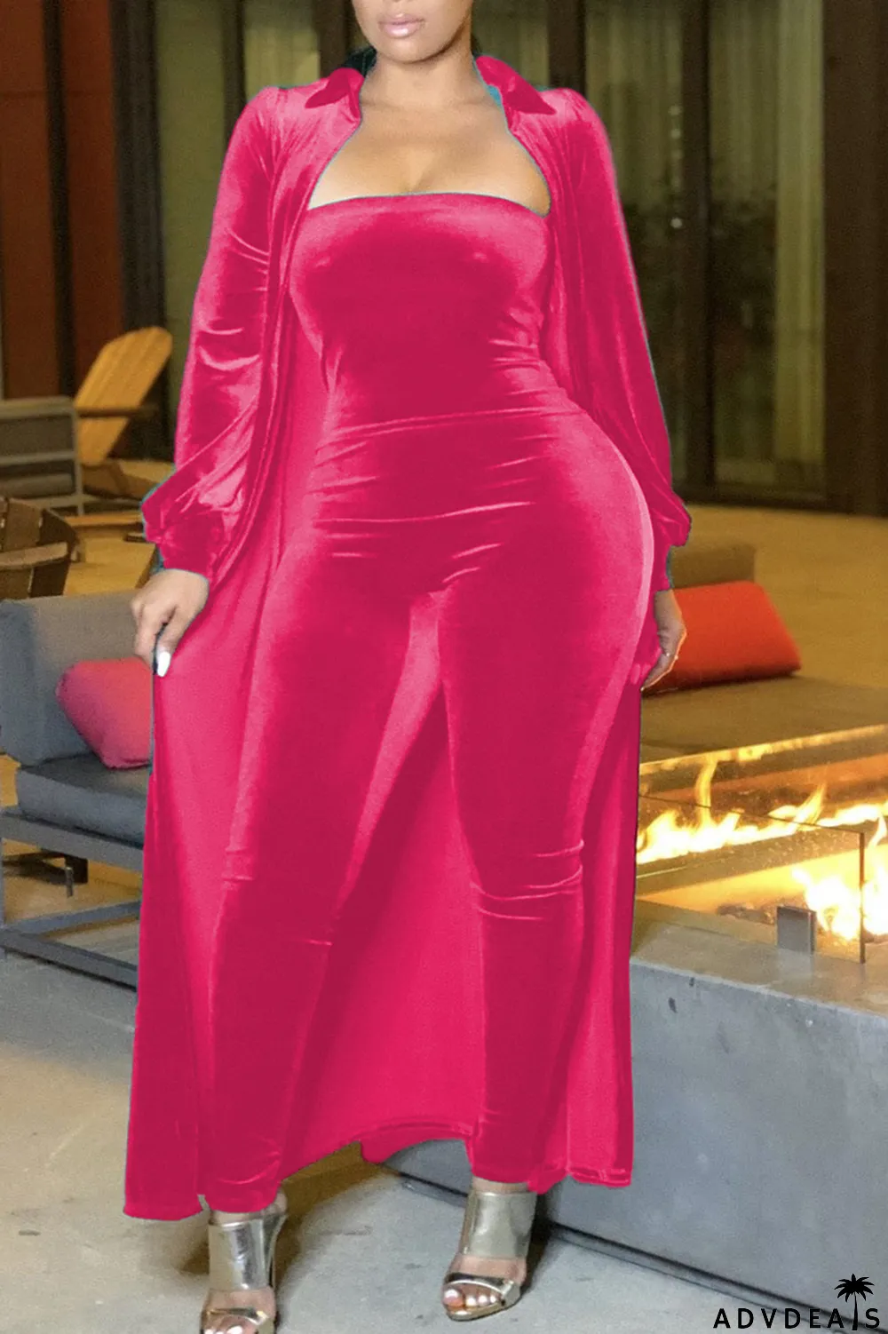 Red Casual Solid Peter Pan Collar Long Sleeve Two Pieces