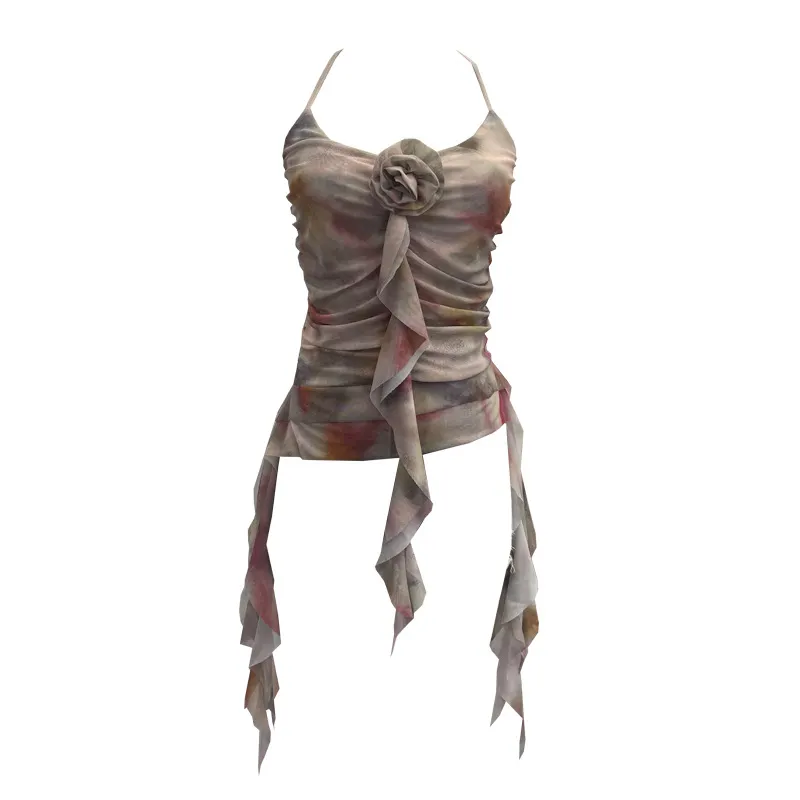 Uveng Asymmetrical Lotus Leaf Side Flower V-Neck Sling Vest Dyed Mesh Cross-Sleeveless Top 6109