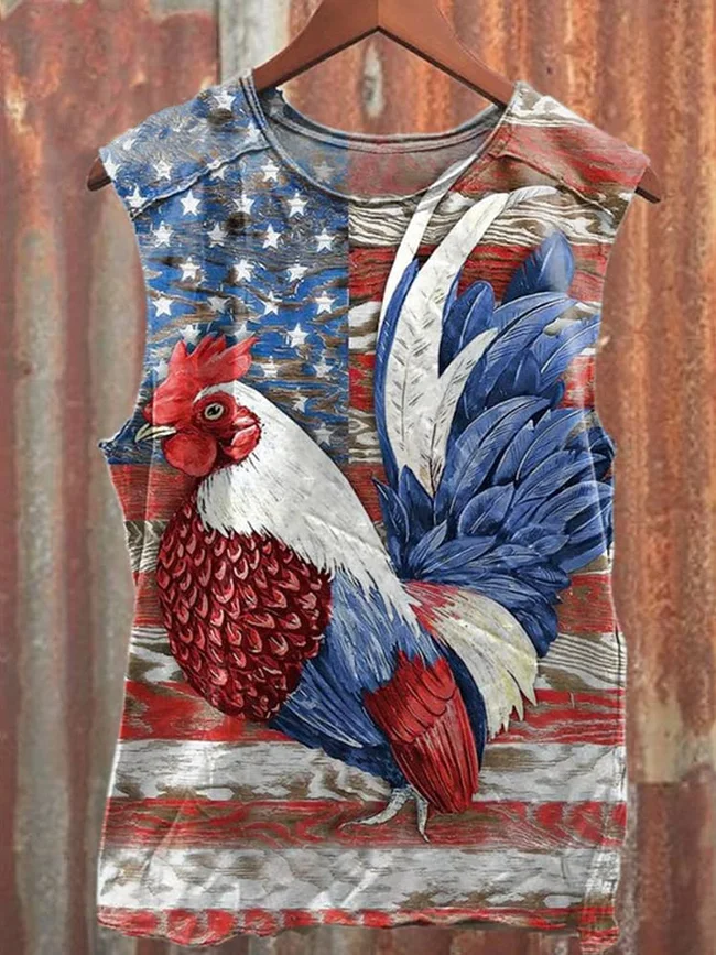 Teecade Teecade Unisex Funny Independence Day Rooster Art Illustration Print Casual Tank Top