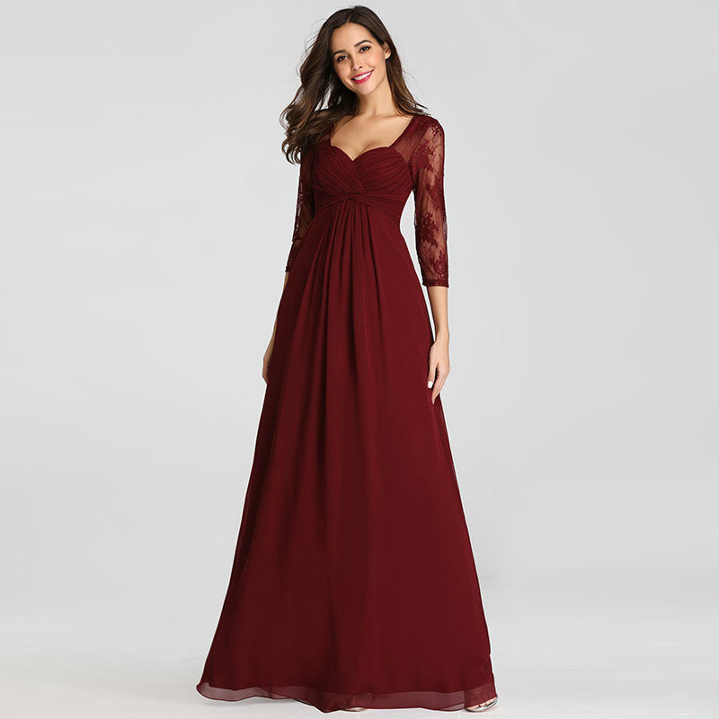 Burgundy Lace Long Sleeve Chiffon Evening Prom Gowns On Sale