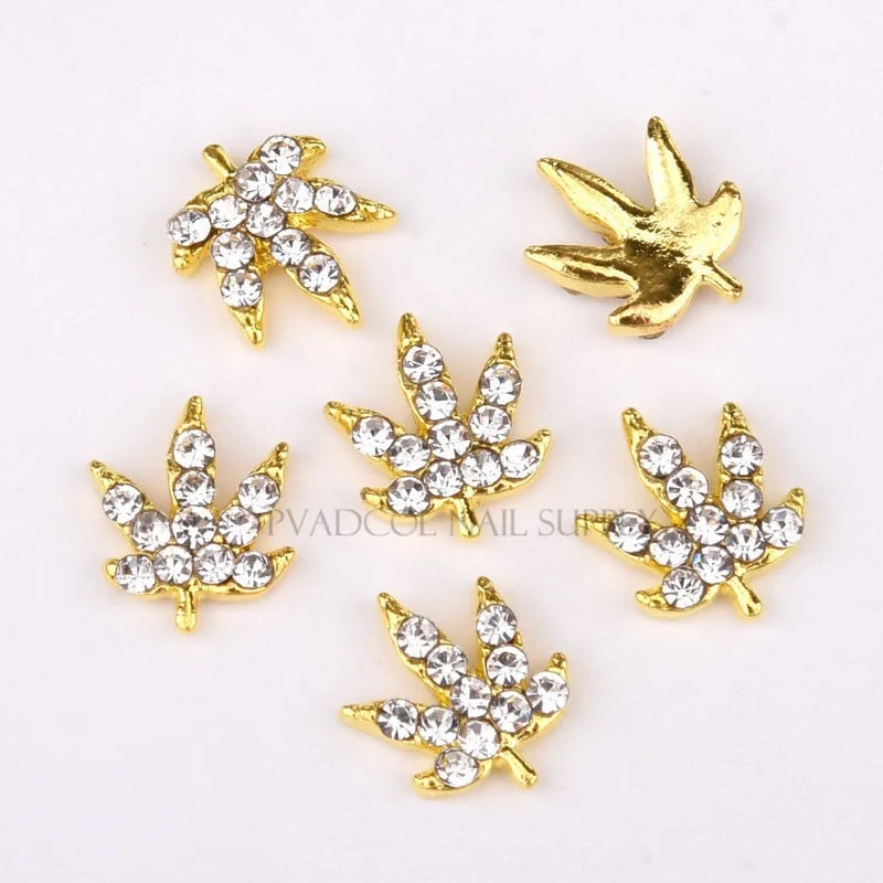 20pcs Weed Leaf Nail Charms Gold Glitter 3D Nail Art Rhinestone Alloy Luxury Nails Press On Manicure Decoration-Nail Inspo