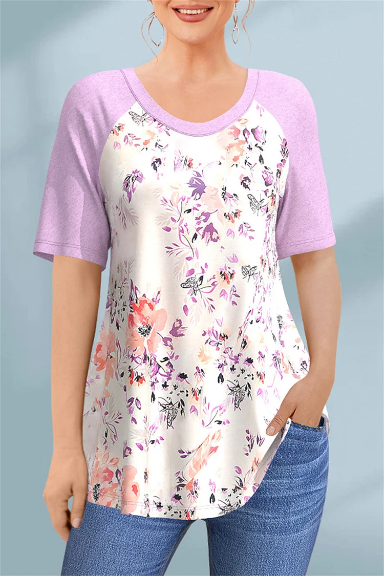 Flycurvy Plus Size Casual Purple Floral Print Raglan Sleeve Blouse  Flycurvy [product_label]