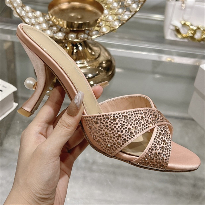 Satin Cross Band Sandals Women Unique Pearl Decor Kitten Heel Slingbacks Mules