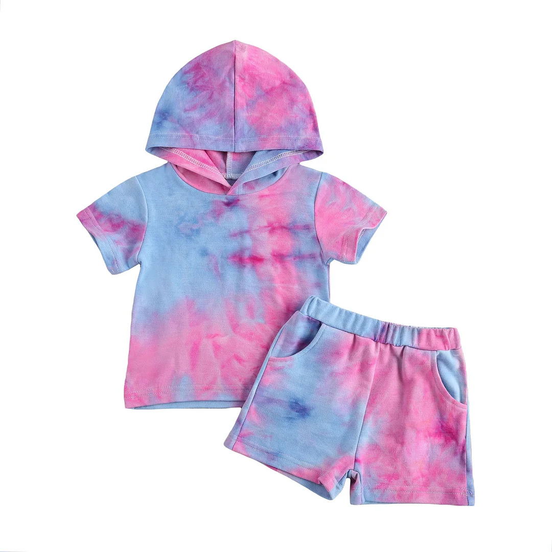 2021 Baby Summer Clothing Children 2Pcs Tie-dyed Clothes Suit, Short Sleeve Hooded Pullover Top Elastic Short Pants Casual Suit