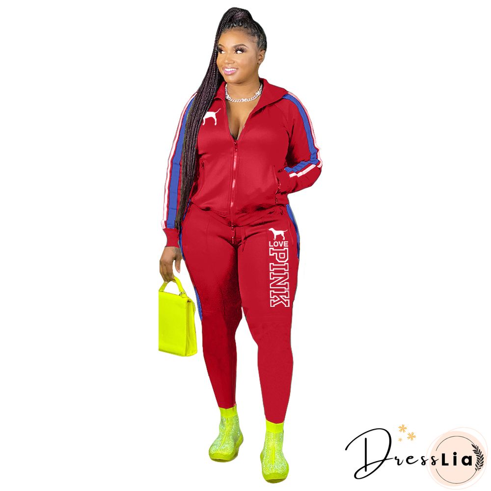Plus Size Zipper Jacket Tops Sporty Pants Two Piece Set