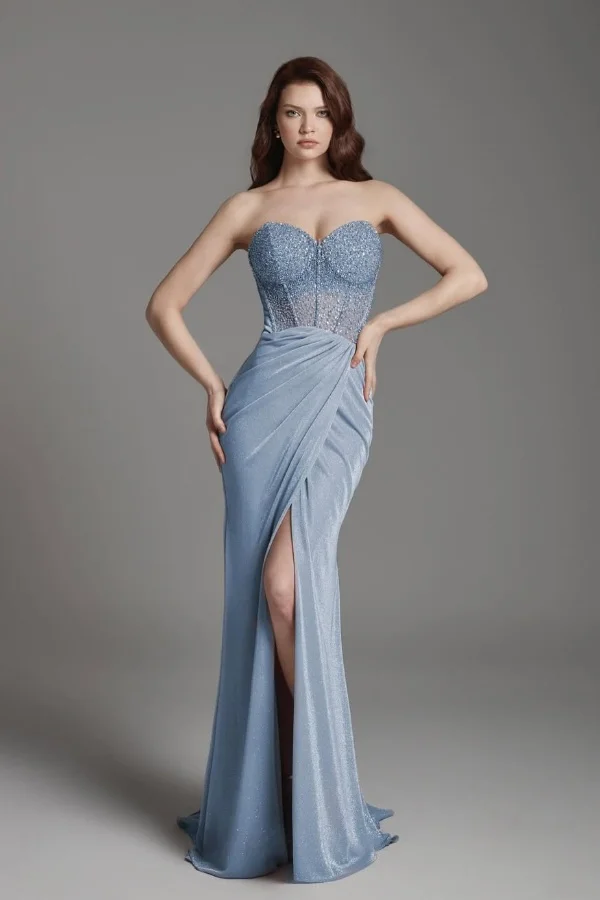 Ovlias Dusty Blue Strapless Sweetheart Prom Dress Pleated with Rhinestone JQ0074