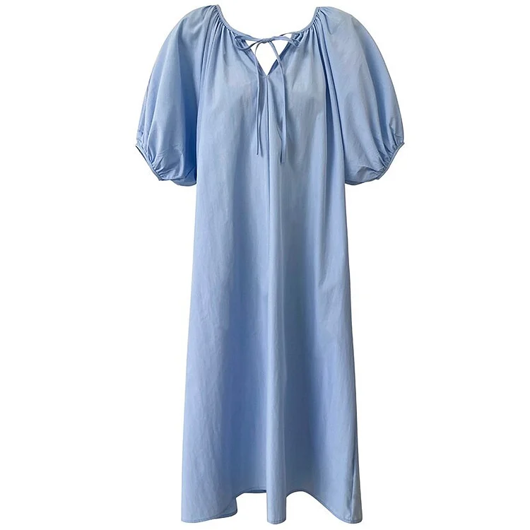 French Loose Solid Color V-neck Lace-up Short Lantern Sleeve Dress              