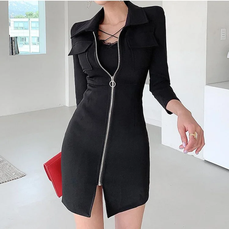 Fashion Office Zipper Slit A-line Dress - Modakawa Modakawa