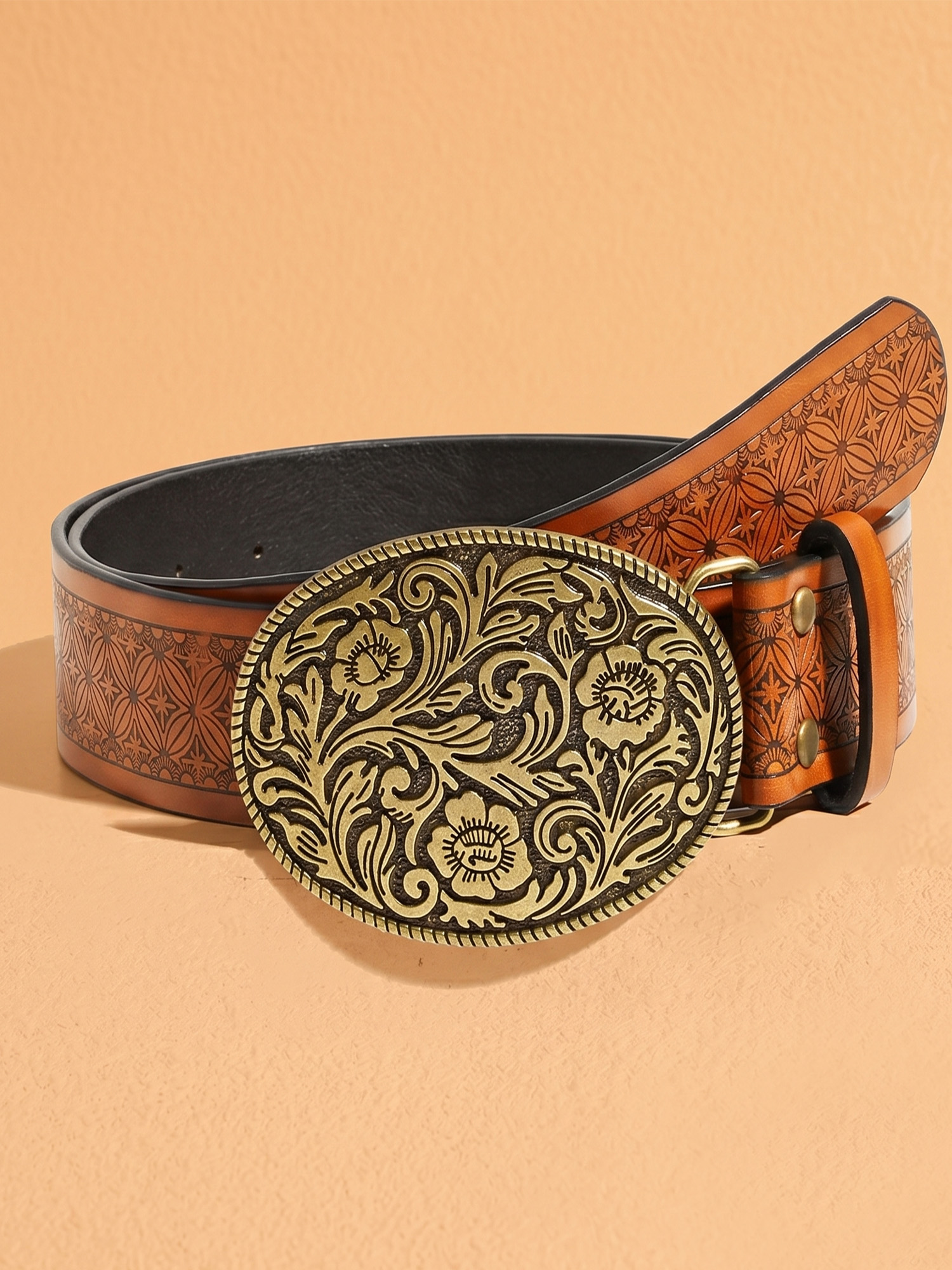 Western Accessory &mdash; Cognac Tooled Leather Floral-Buckle Western Belt