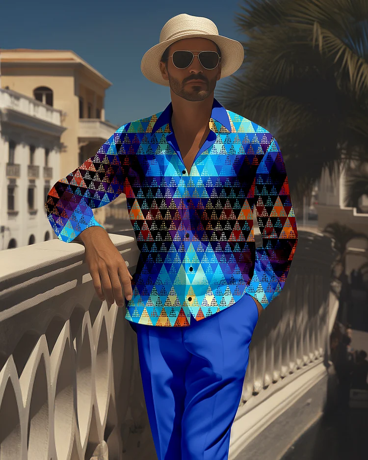 Men's Retro Printed Long Sleeve Shirt Walking Suit 1514