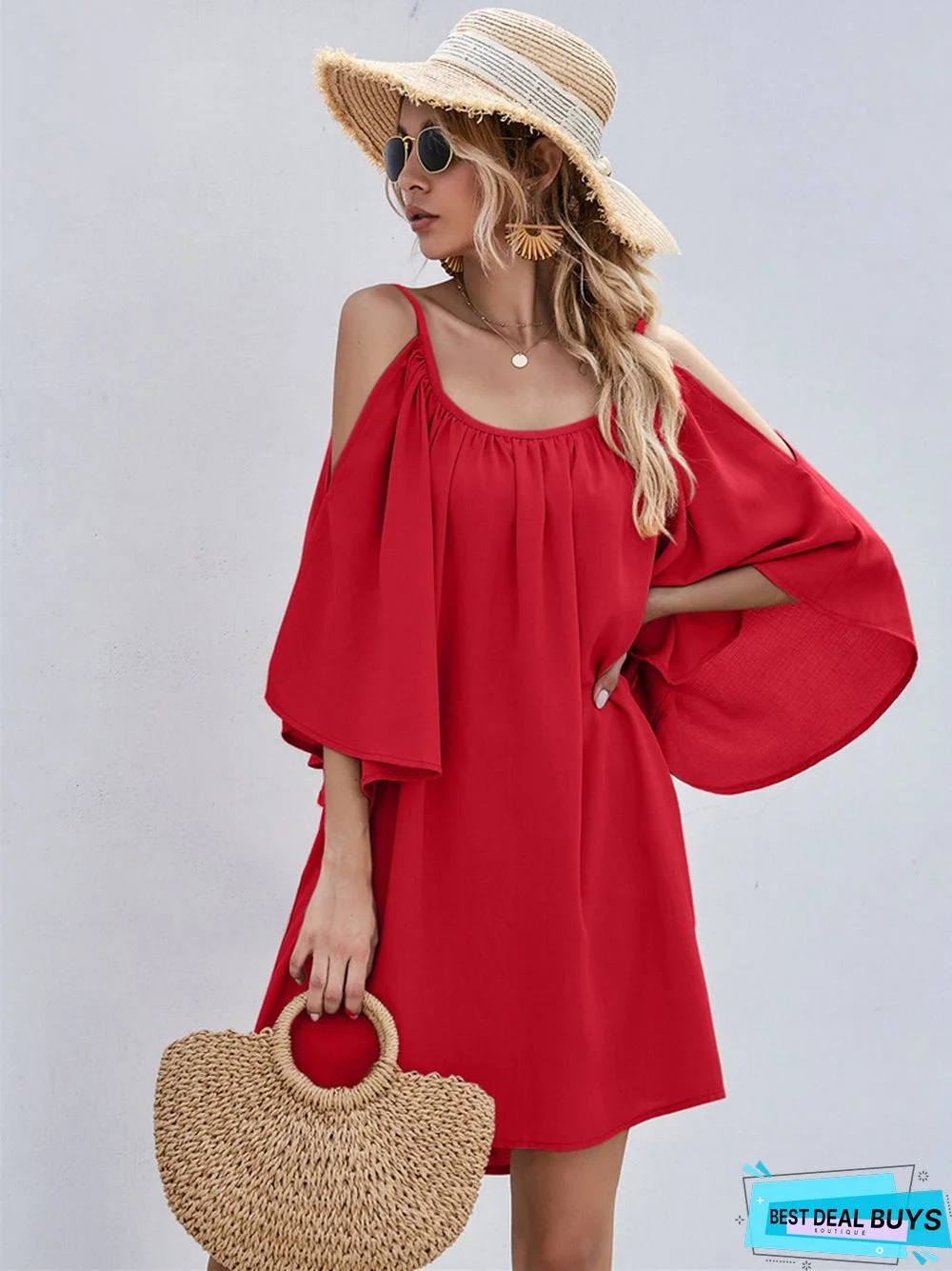 European and American Women's Casual Sexy Dress with Flared Sleeves and Shoulder Leakage