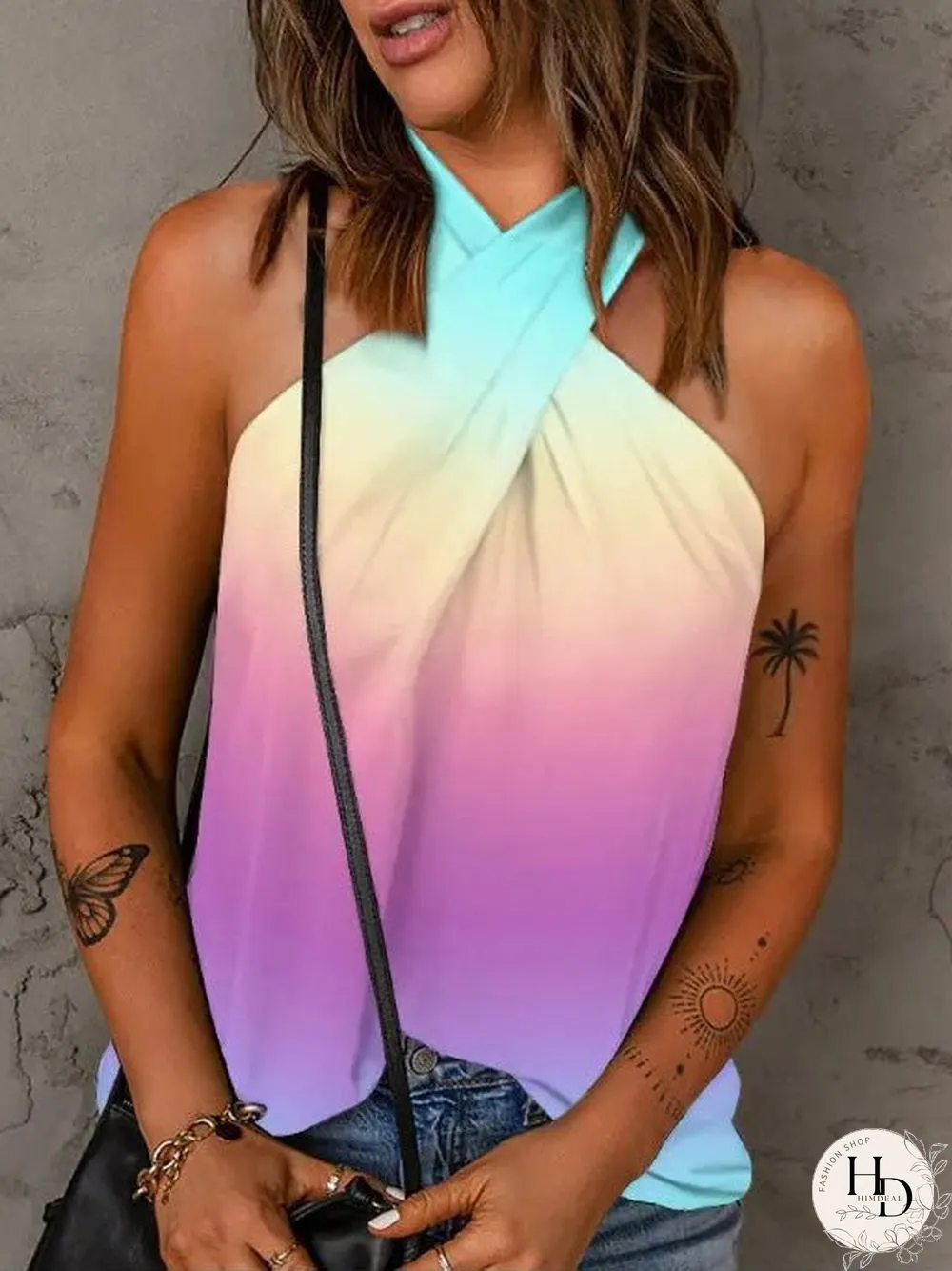 Women'S Tank Tops Printed Cross Halter Off Shoulder Tank Top