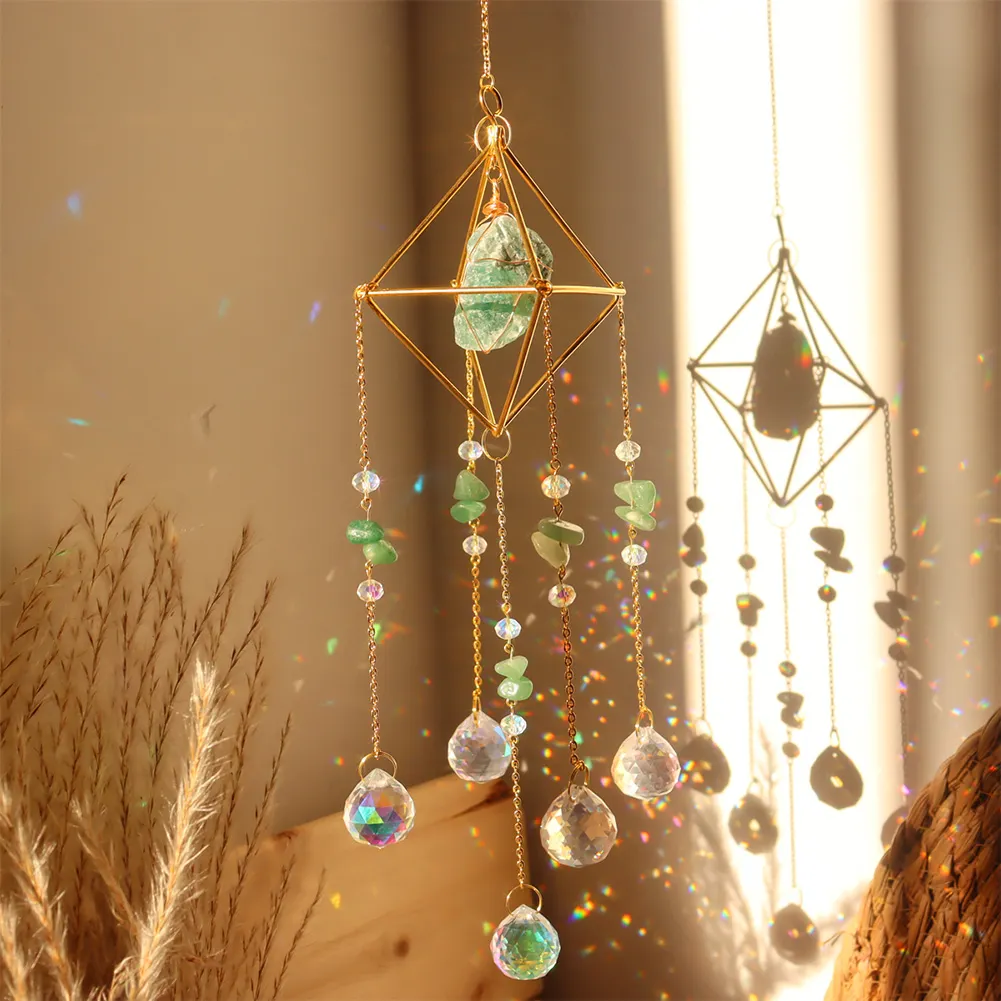 Crystal Wind Chimes Natural Stone Prism Light Catcher Garden Decor (Green)