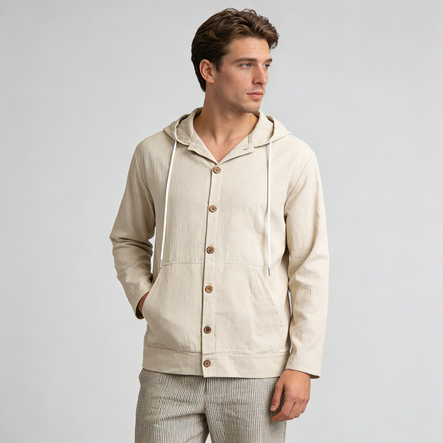 Linen Jacket Men Linen Button Up Hoodie Jacket REAL SILK LIFE