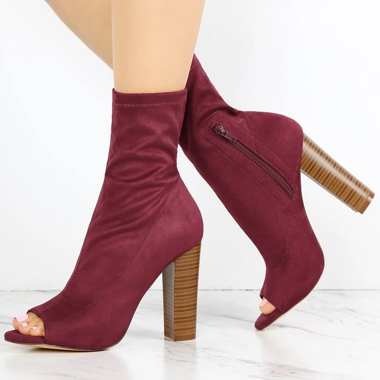 Burgundy Sock Boots Vegan Suede Peep Toe Chunky Heel Ankle Boots |FSJ Shoes