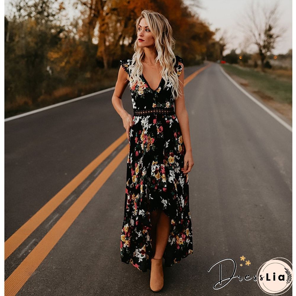 Summer Women Lace Hollow Backless Irregular Floral Long Beach Dress