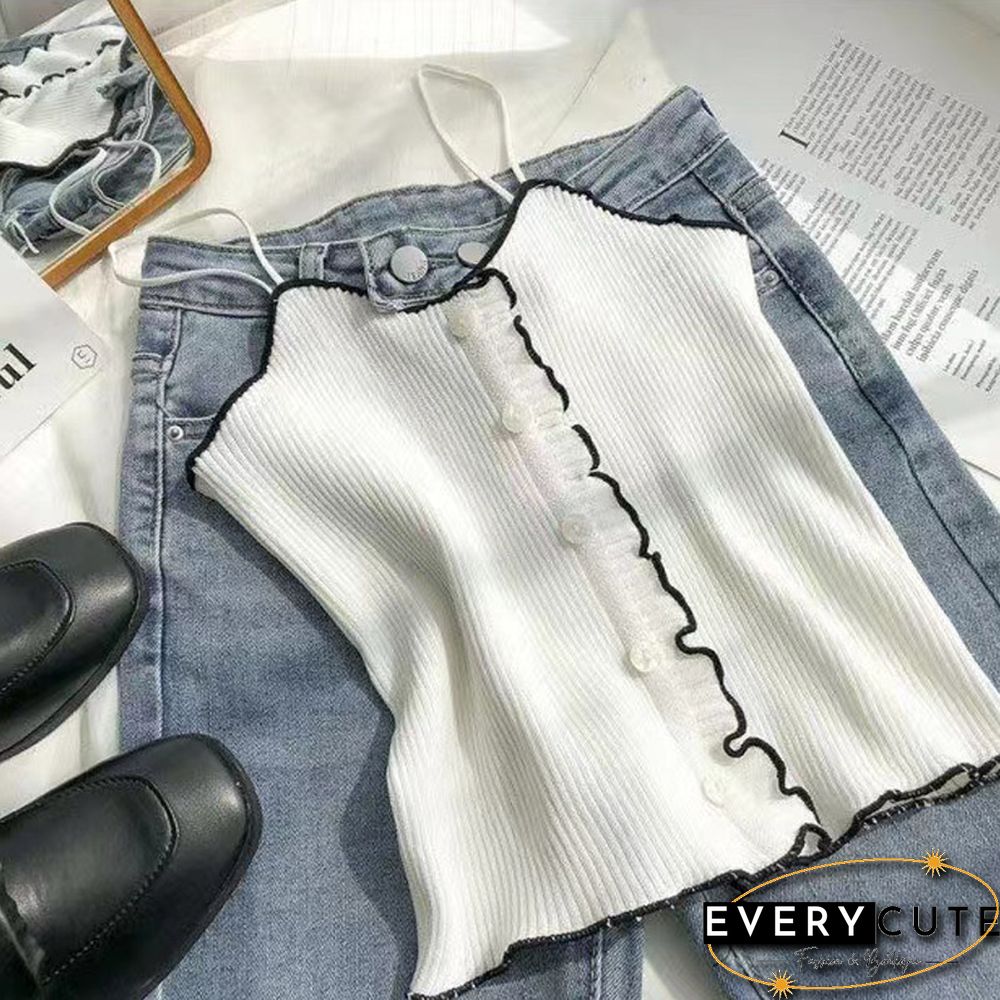 Pearl Diary Women Spaghetti Strap Knitted Tops Summer Ruffle Camis Top With Front Buttons Solid Color Basic Knitted Cute Tops