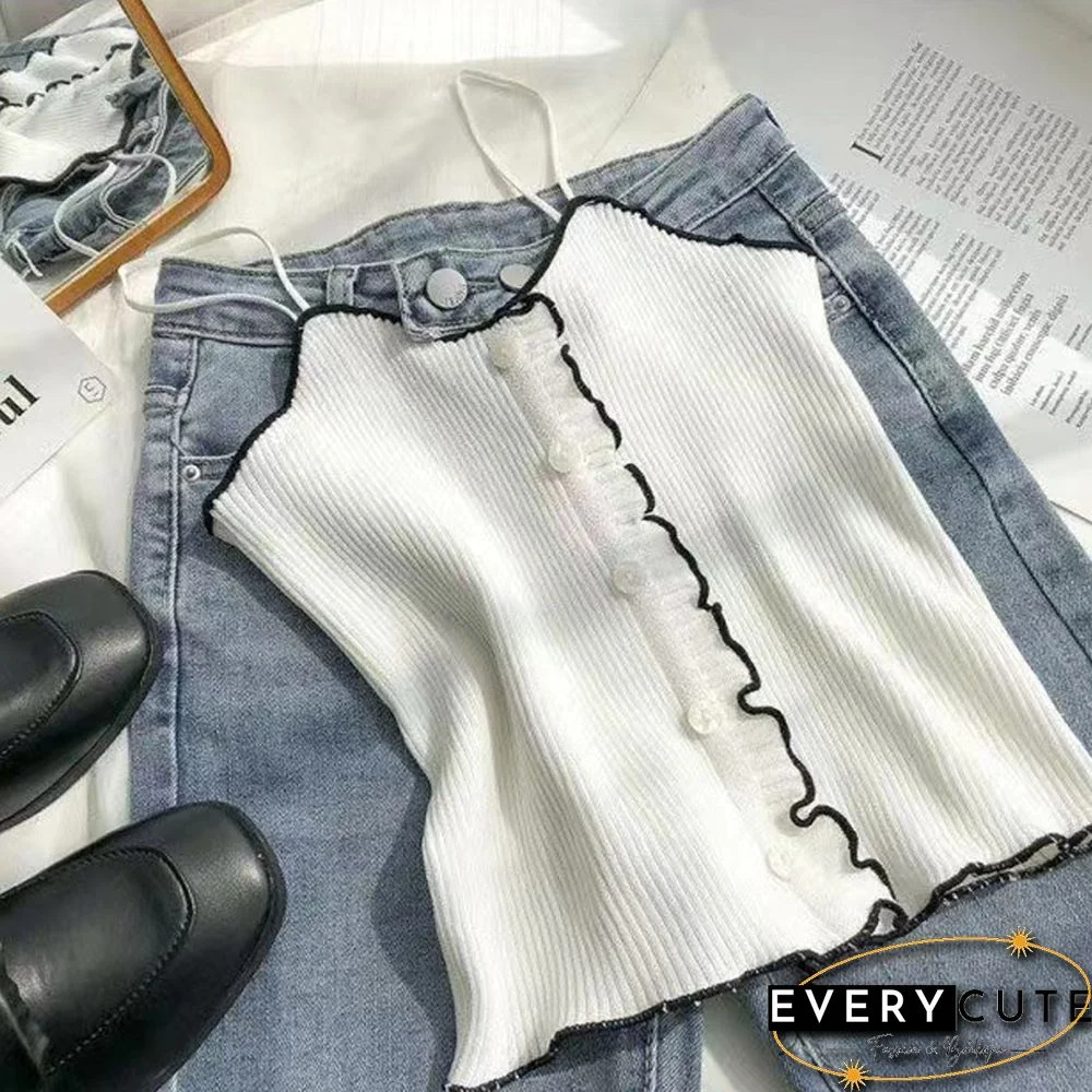 Pearl Diary Women Spaghetti Strap Knitted Tops Summer Ruffle Camis Top With Front Buttons Solid Color Basic Knitted Cute Tops